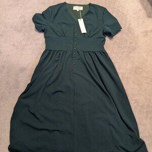 JESSAKAE Folklore Dark Green Midi Dress Size XL Fit & Flare Gold Buttons NWT